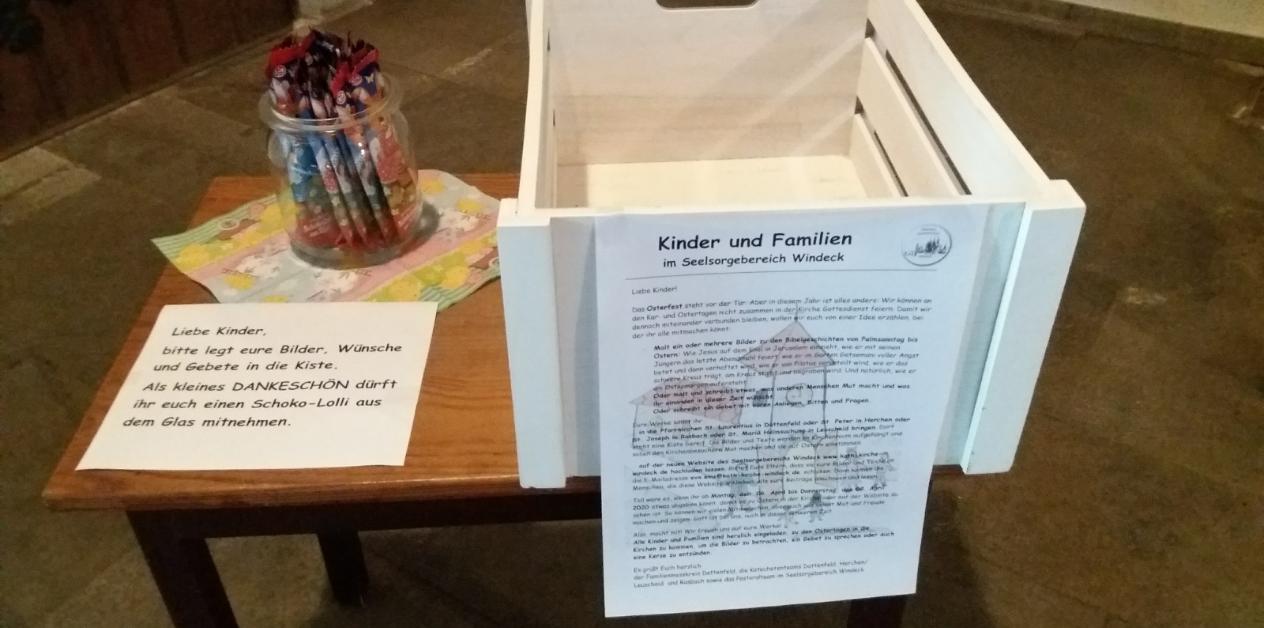 Liebe Kinder, die Kiste für eure Bilder, Wünsche und Gebete steht in der Kirche St. Laurentius (Dattenfeld) bereit und kann gefüllt werden.