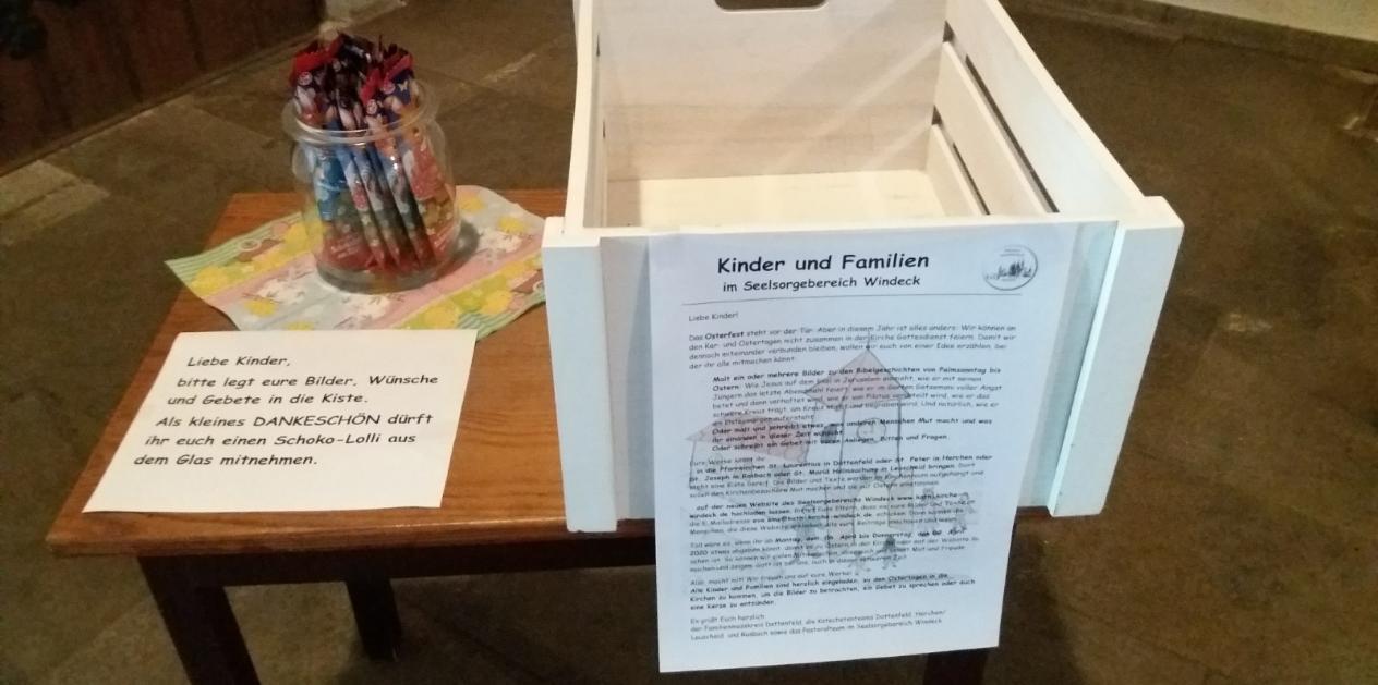 Liebe Kinder, die Kiste für eure Bilder, Wünsche und Gebete steht in der Kirche St. Laurentius (Dattenfeld) bereit und kann gefüllt werden.