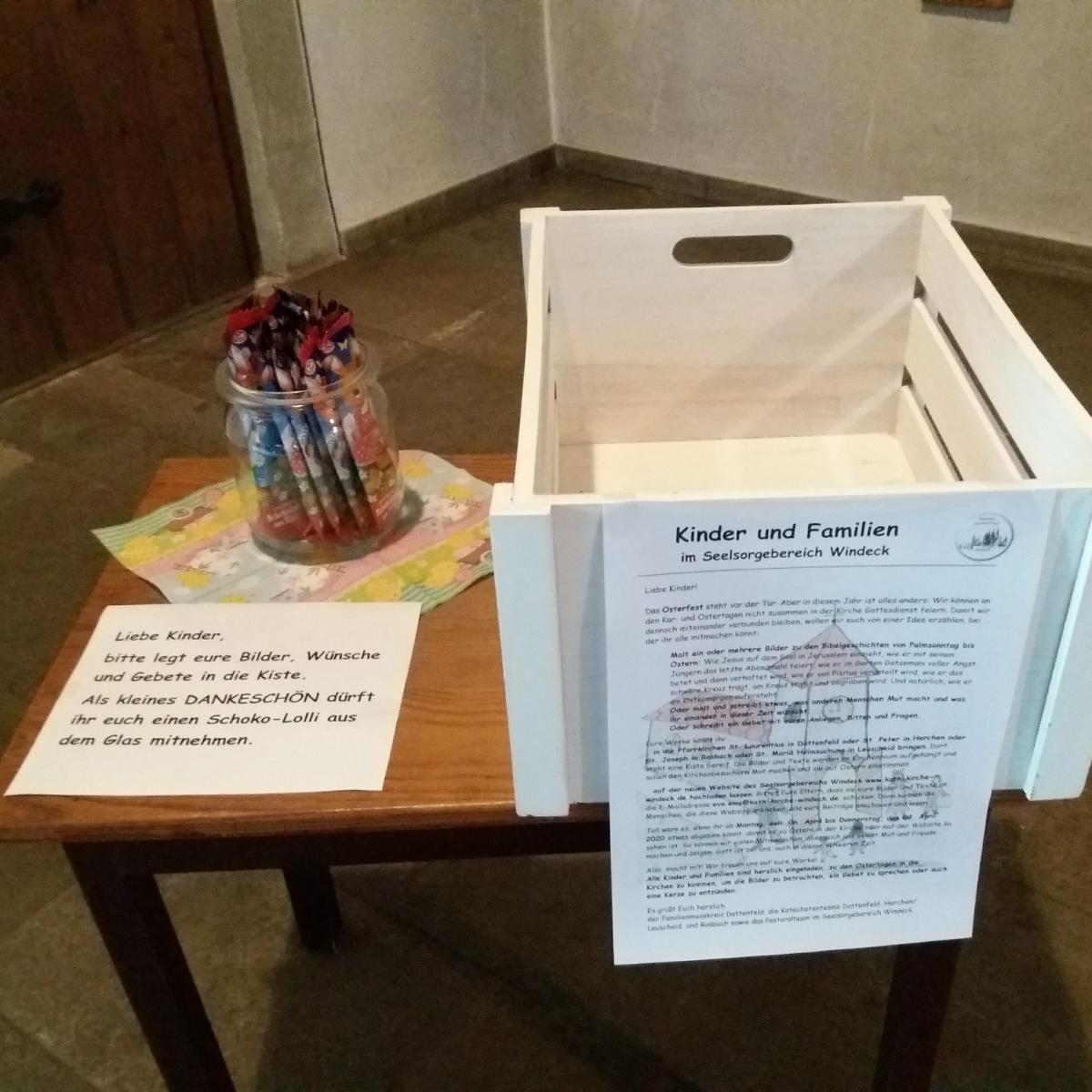 Liebe Kinder, die Kiste für eure Bilder, Wünsche und Gebete steht in der Kirche St. Laurentius (Dattenfeld) bereit und kann gefüllt werden.